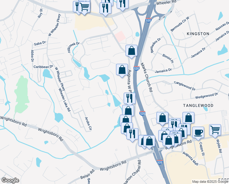 map of restaurants, bars, coffee shops, grocery stores, and more near Brookstone Way in Augusta
