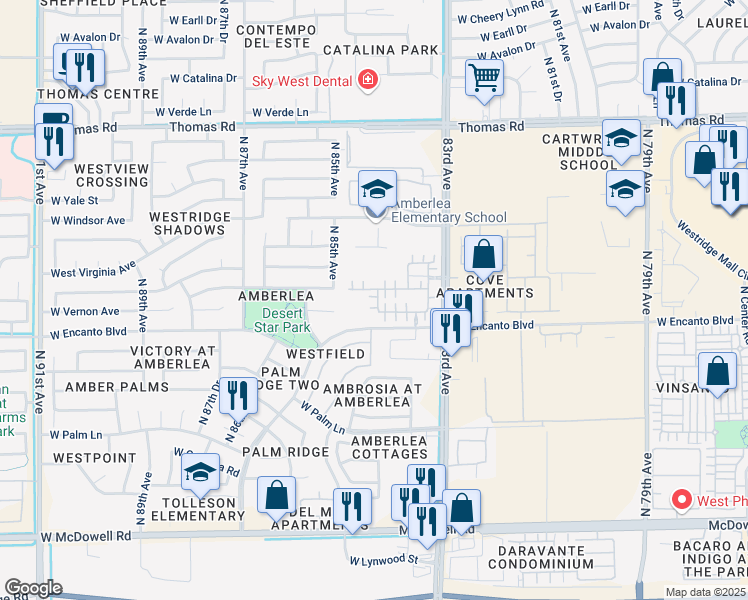 map of restaurants, bars, coffee shops, grocery stores, and more near 8432 West Lewis Avenue in Phoenix