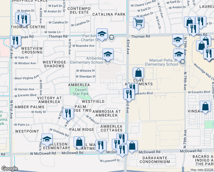 map of restaurants, bars, coffee shops, grocery stores, and more near 8432 West Lewis Avenue in Phoenix
