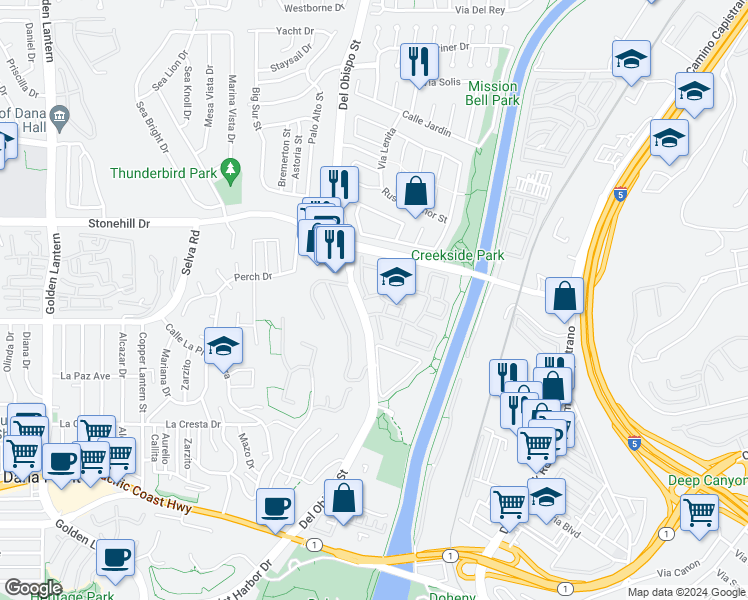 map of restaurants, bars, coffee shops, grocery stores, and more near 25576 Mainsail Way in Dana Point