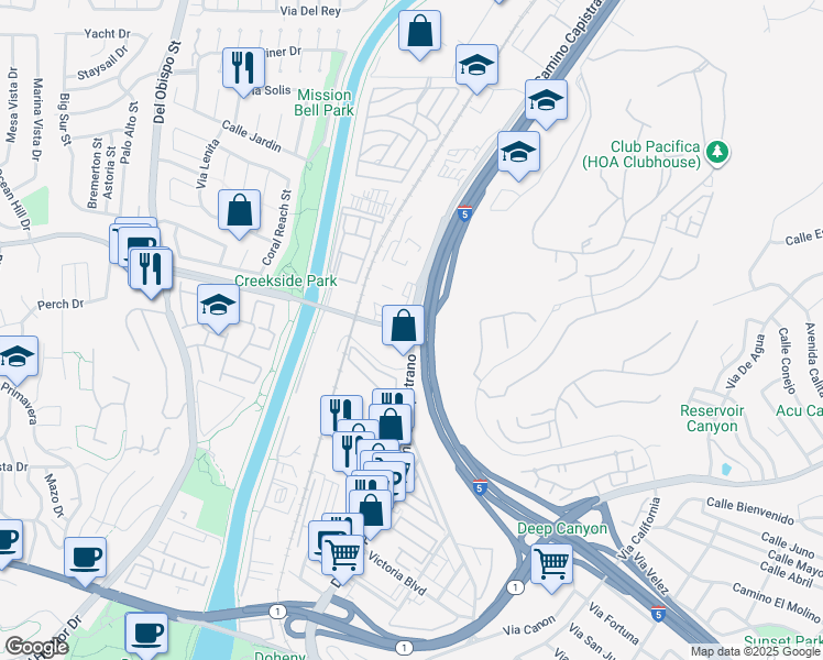 map of restaurants, bars, coffee shops, grocery stores, and more near Camino Capistrano & Stonehill Drive in San Juan Capistrano