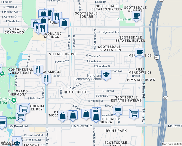 map of restaurants, bars, coffee shops, grocery stores, and more near 8316 East Vernon Avenue in Scottsdale