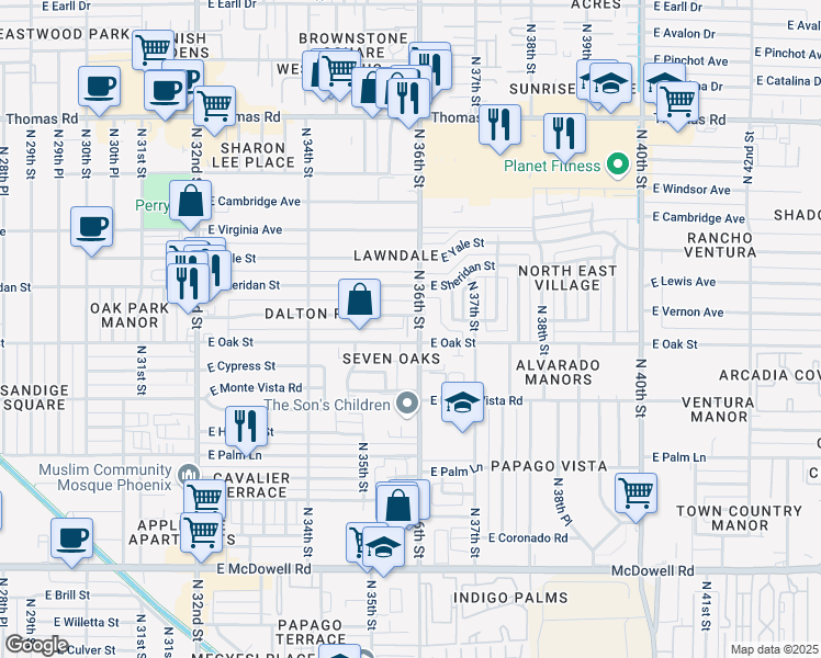 map of restaurants, bars, coffee shops, grocery stores, and more near 3535 East Harvard Street in Phoenix