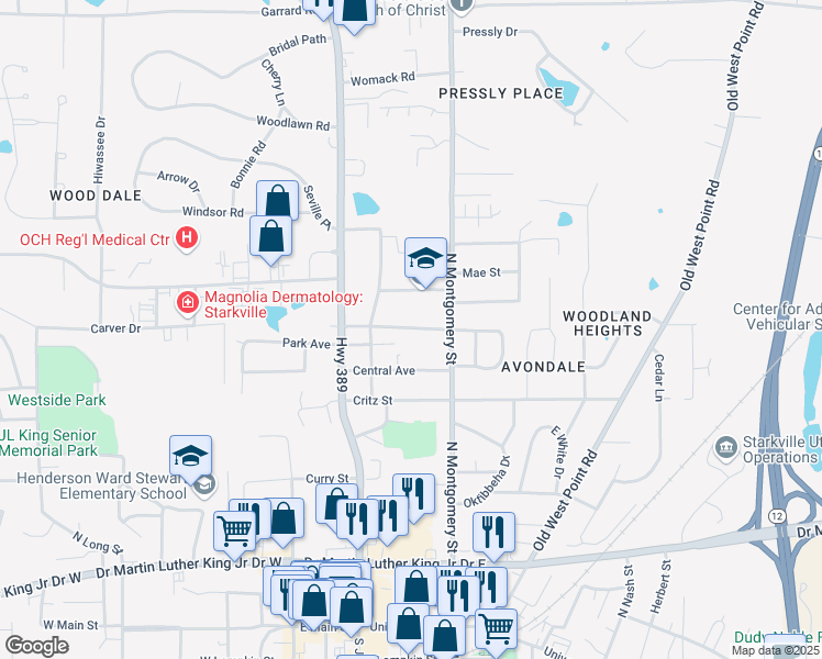 map of restaurants, bars, coffee shops, grocery stores, and more near 319 Santa Anita Drive in Starkville