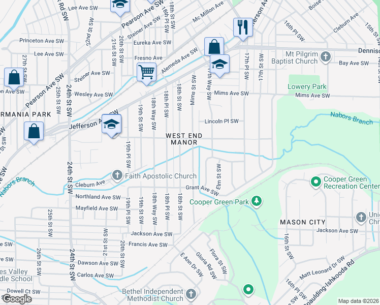 map of restaurants, bars, coffee shops, grocery stores, and more near 1424 Mims Street Southwest in Birmingham
