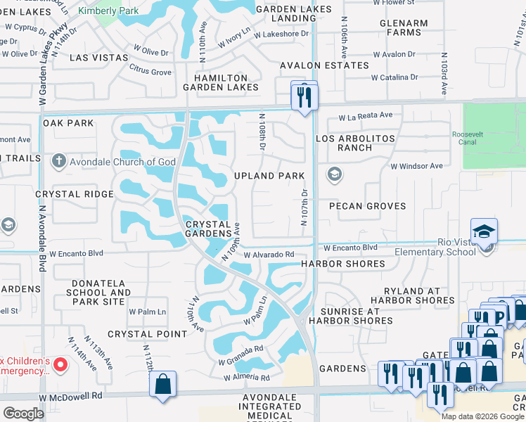 map of restaurants, bars, coffee shops, grocery stores, and more near 10818 West Wilshire Drive in Avondale