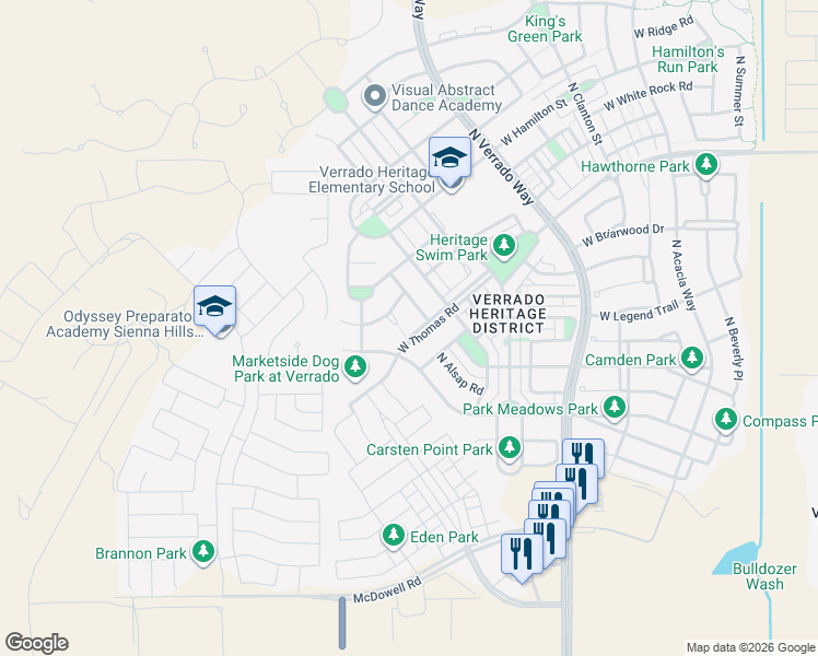 map of restaurants, bars, coffee shops, grocery stores, and more near 2498 North Delaney Drive in Buckeye
