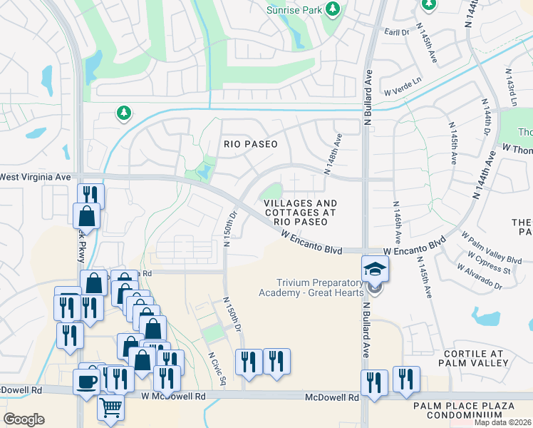 map of restaurants, bars, coffee shops, grocery stores, and more near 14967 West Wilshire Drive in Goodyear