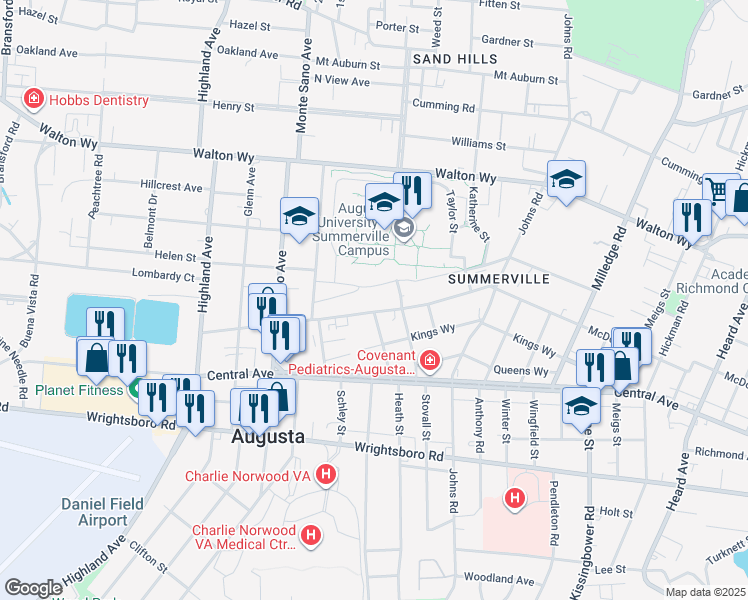 map of restaurants, bars, coffee shops, grocery stores, and more near 2431 McDowell Street in Augusta