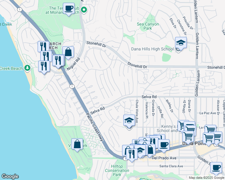 map of restaurants, bars, coffee shops, grocery stores, and more near 33691 Capstan Drive in Dana Point