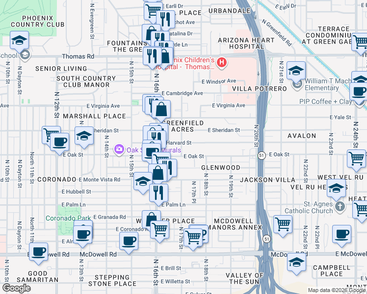 map of restaurants, bars, coffee shops, grocery stores, and more near in Phoenix