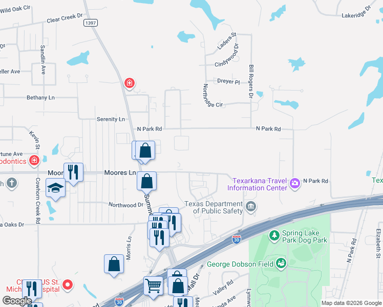 map of restaurants, bars, coffee shops, grocery stores, and more near 40 Enclave in Texarkana