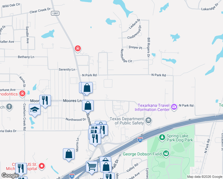 map of restaurants, bars, coffee shops, grocery stores, and more near 40 Enclave in Texarkana