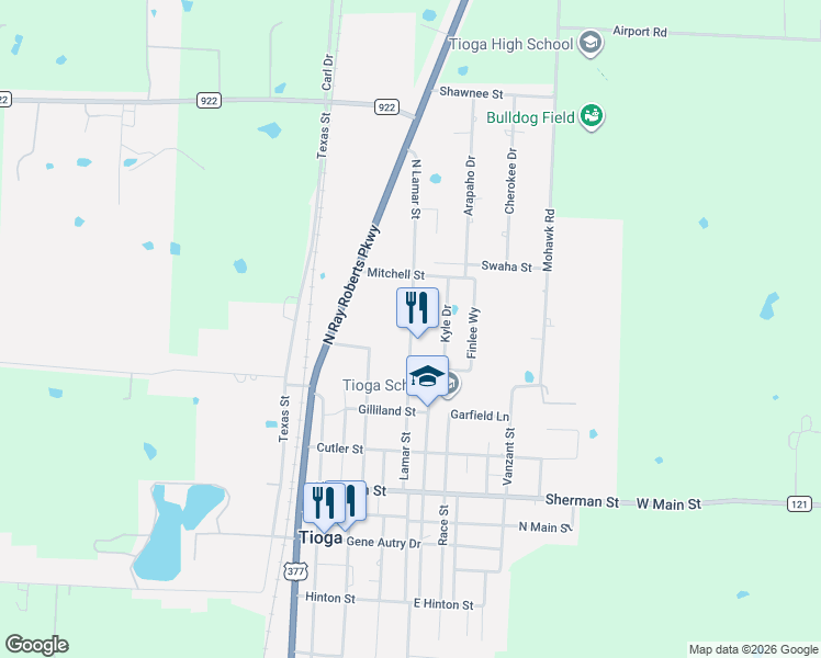 map of restaurants, bars, coffee shops, grocery stores, and more near 612 North Lamar Street in Tioga