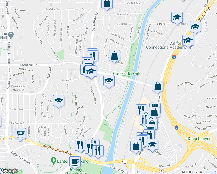 map of restaurants, bars, coffee shops, grocery stores, and more near 25625 Bridgewater Lane in Dana Point