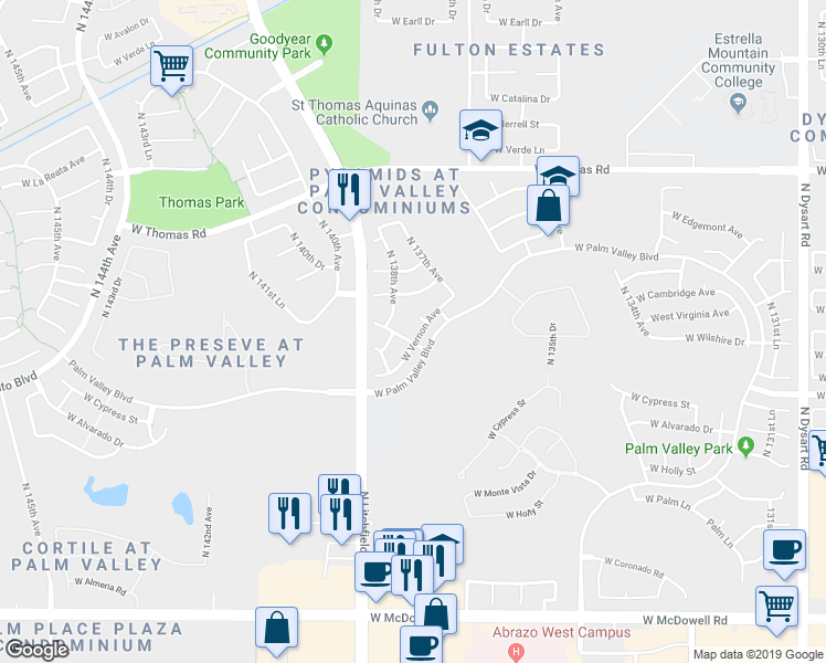map of restaurants, bars, coffee shops, grocery stores, and more near 13778 West Vernon Avenue in Goodyear