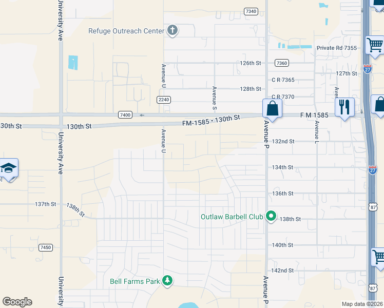 map of restaurants, bars, coffee shops, grocery stores, and more near 1901 FM 1585 in Lubbock