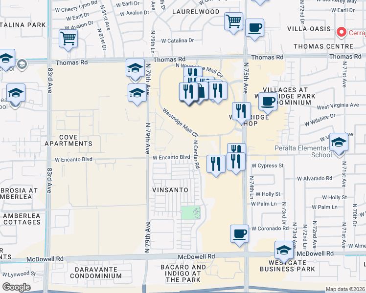 map of restaurants, bars, coffee shops, grocery stores, and more near 7750 West Encanto Boulevard in Phoenix