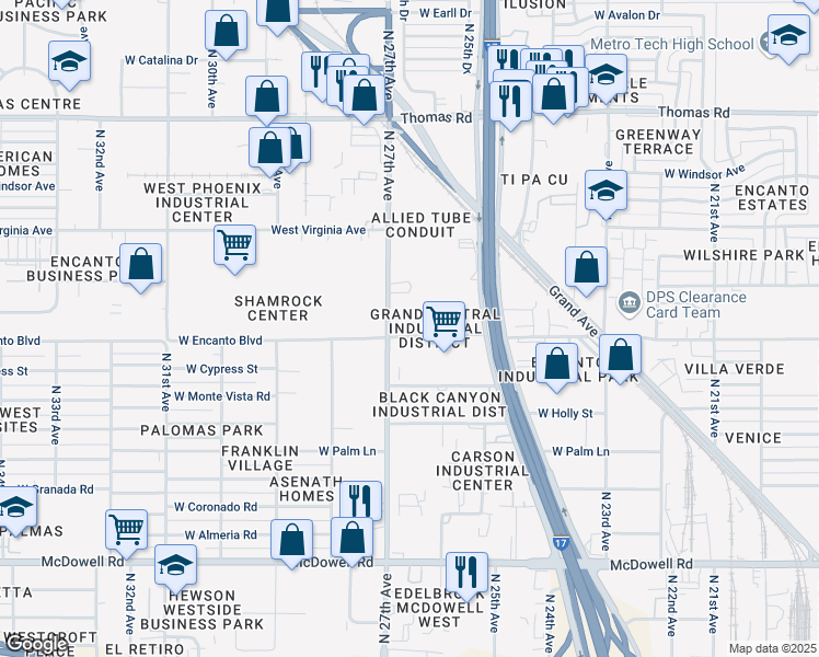 map of restaurants, bars, coffee shops, grocery stores, and more near 2626 West Encanto Boulevard in Phoenix