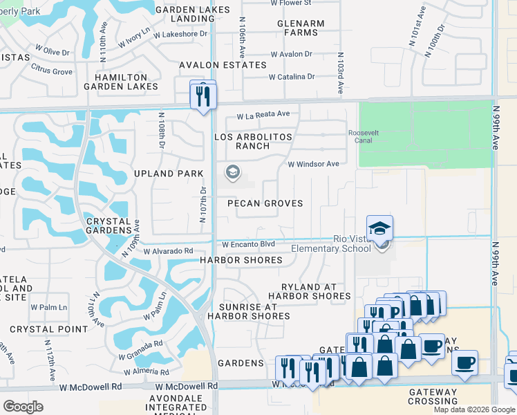 map of restaurants, bars, coffee shops, grocery stores, and more near 10520 Virginia Avenue in Avondale