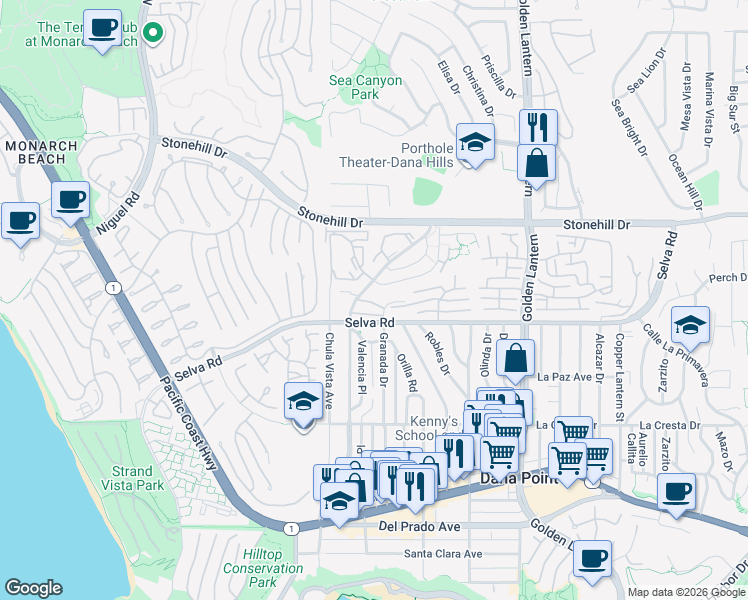 map of restaurants, bars, coffee shops, grocery stores, and more near 33672 Blue Lantern Street in Dana Point