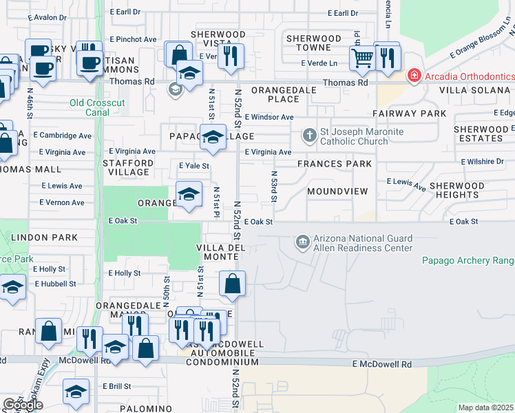 map of restaurants, bars, coffee shops, grocery stores, and more near 2321 North 52nd Street in Phoenix
