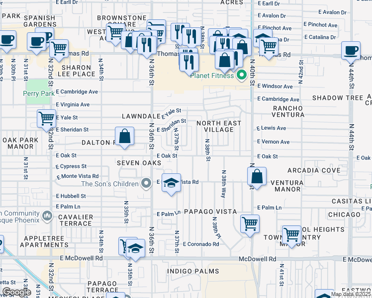 map of restaurants, bars, coffee shops, grocery stores, and more near 24 East Harvard Street in Phoenix