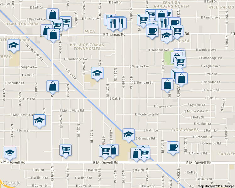 map of restaurants, bars, coffee shops, grocery stores, and more near 2335 North 28th Street in Phoenix