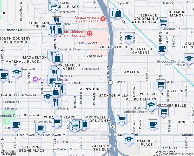 map of restaurants, bars, coffee shops, grocery stores, and more near 1902 East Harvard Street in Phoenix