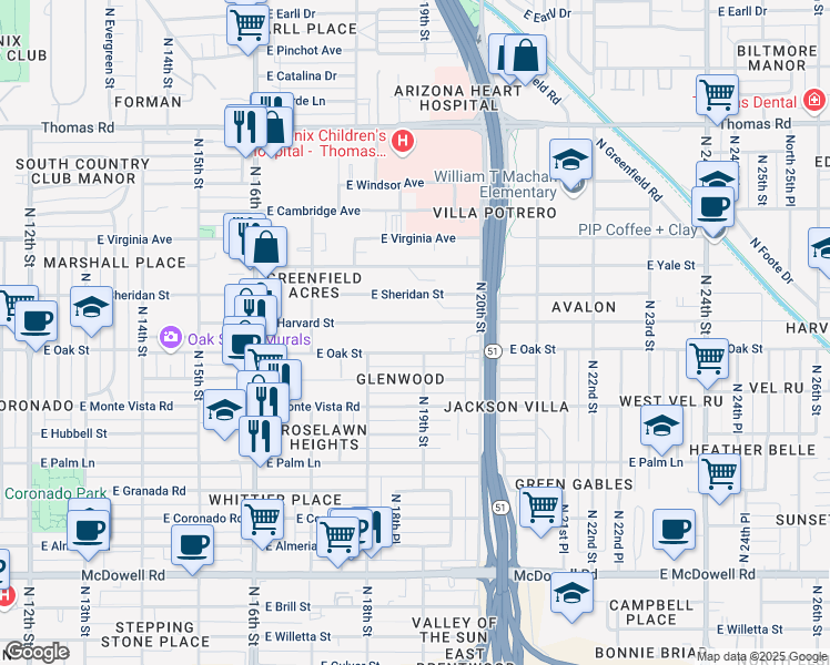 map of restaurants, bars, coffee shops, grocery stores, and more near 1902 East Harvard Street in Phoenix