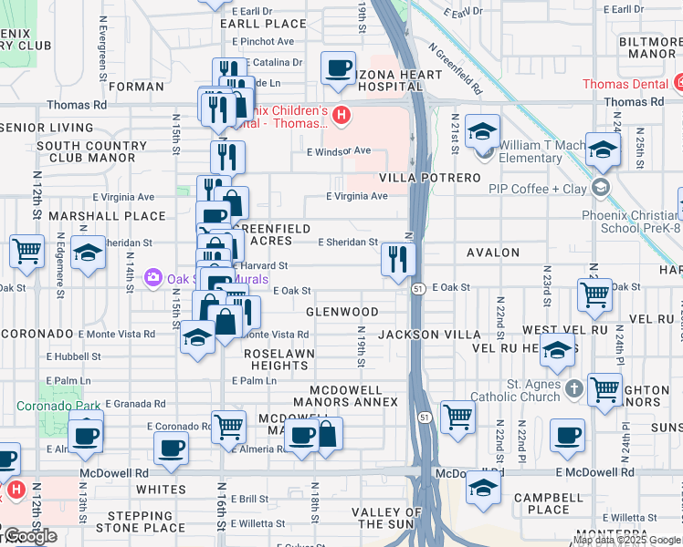 map of restaurants, bars, coffee shops, grocery stores, and more near 1822 East Harvard Street in Phoenix