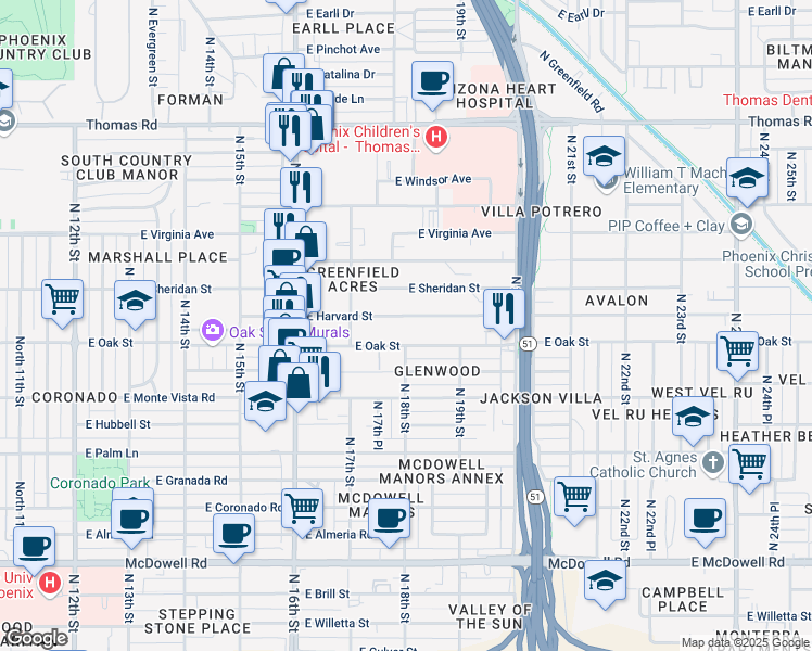 map of restaurants, bars, coffee shops, grocery stores, and more near 1734 East Harvard Street in Phoenix