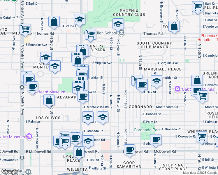 map of restaurants, bars, coffee shops, grocery stores, and more near 2329 North 10th Street in Phoenix