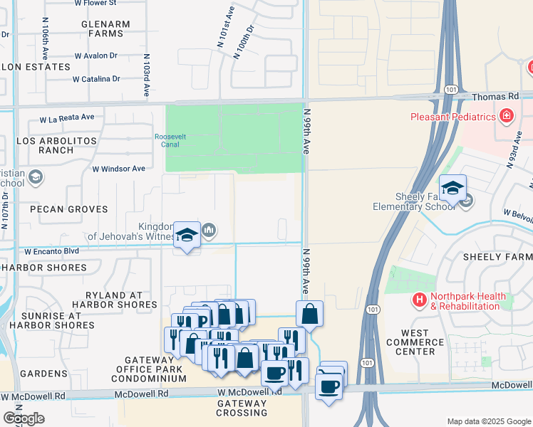 map of restaurants, bars, coffee shops, grocery stores, and more near 2226 North 99th Avenue in Avondale