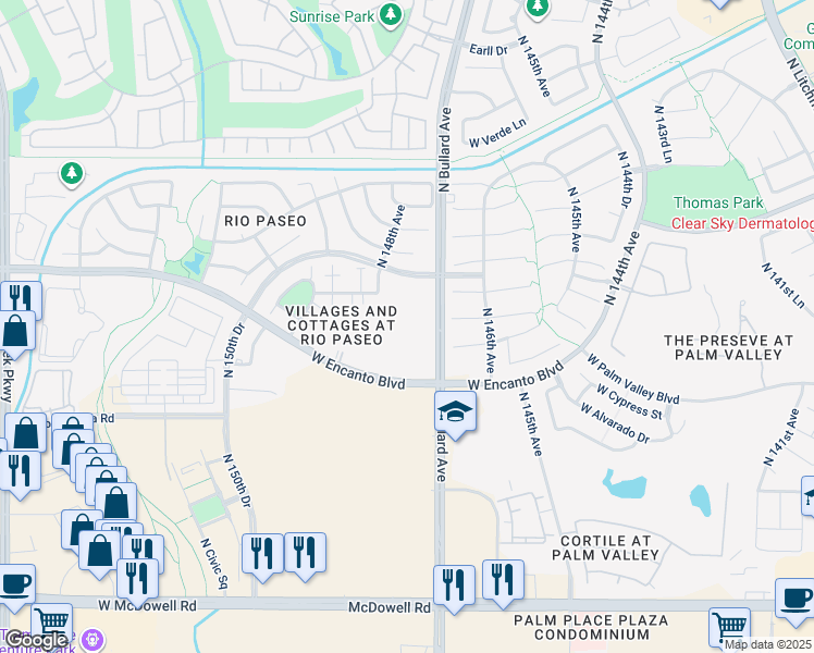 map of restaurants, bars, coffee shops, grocery stores, and more near 2400 North Bullard Avenue in Goodyear