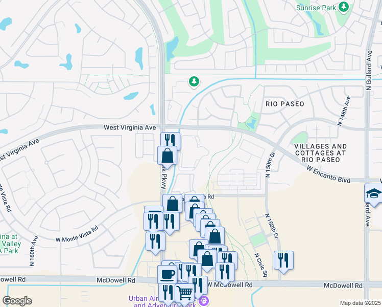 map of restaurants, bars, coffee shops, grocery stores, and more near 15361 Virginia Avenue in Goodyear