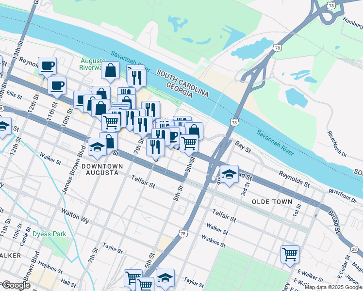 map of restaurants, bars, coffee shops, grocery stores, and more near 533 Broad St in Augusta