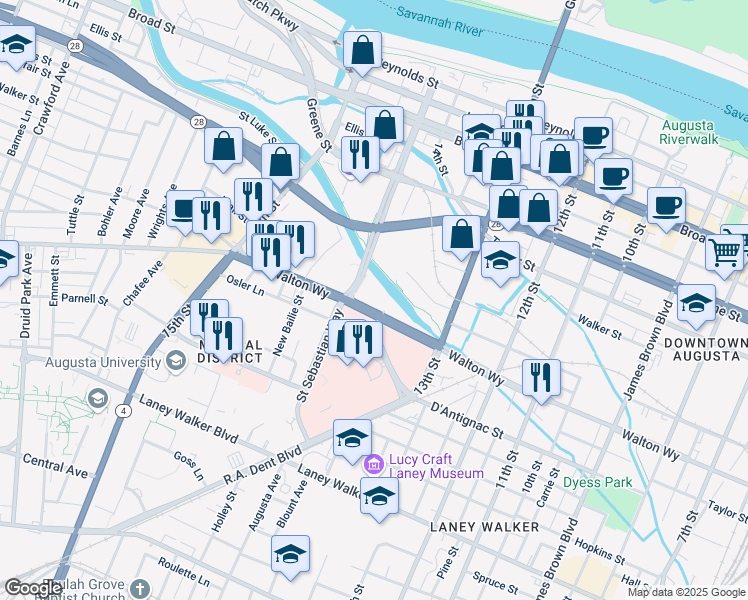 map of restaurants, bars, coffee shops, grocery stores, and more near 1351 Walton Way in Augusta