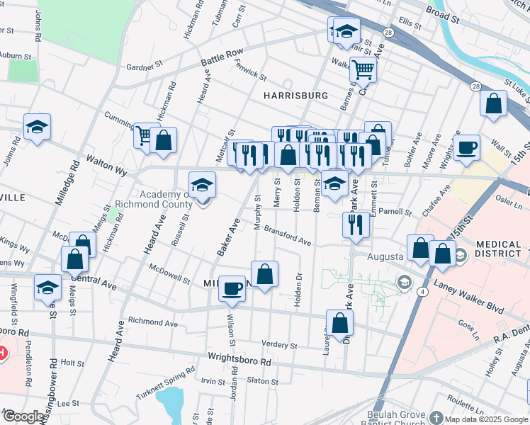 map of restaurants, bars, coffee shops, grocery stores, and more near 944 Murphy Street in Augusta