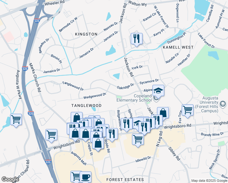 map of restaurants, bars, coffee shops, grocery stores, and more near 1416 Wedgewood Drive in Augusta