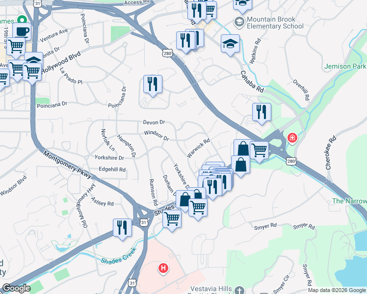 map of restaurants, bars, coffee shops, grocery stores, and more near 507 Windsor Drive in Birmingham