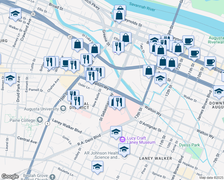 map of restaurants, bars, coffee shops, grocery stores, and more near 1400 Walton Way in Augusta