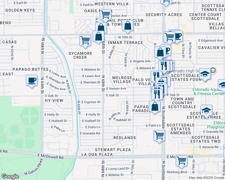 map of restaurants, bars, coffee shops, grocery stores, and more near 6827 East Vernon Avenue in Scottsdale