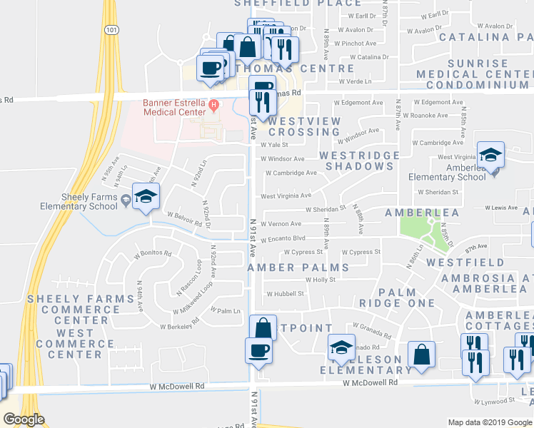 map of restaurants, bars, coffee shops, grocery stores, and more near 9029 West Sheridan Street in Phoenix