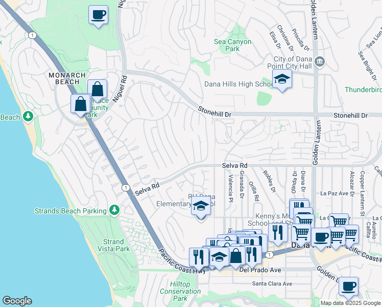 map of restaurants, bars, coffee shops, grocery stores, and more near 33695 Crossjack Drive in Dana Point
