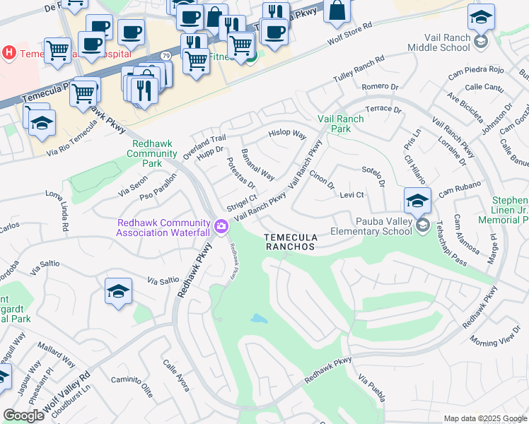 map of restaurants, bars, coffee shops, grocery stores, and more near 32566 Hupa Drive in Temecula
