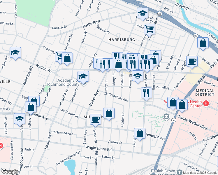 map of restaurants, bars, coffee shops, grocery stores, and more near 1926 Howard Avenue in Augusta