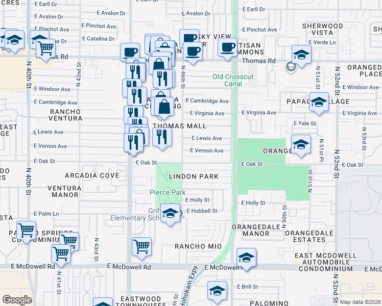map of restaurants, bars, coffee shops, grocery stores, and more near 4602 East Vernon Avenue in Phoenix
