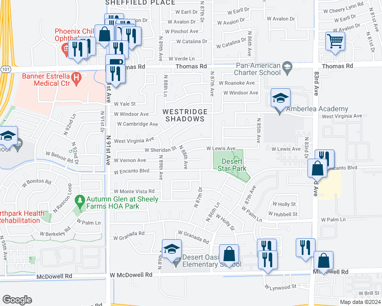 map of restaurants, bars, coffee shops, grocery stores, and more near 8733 West Lewis Avenue in Phoenix