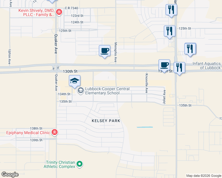 map of restaurants, bars, coffee shops, grocery stores, and more near 3805 133rd Street in Lubbock